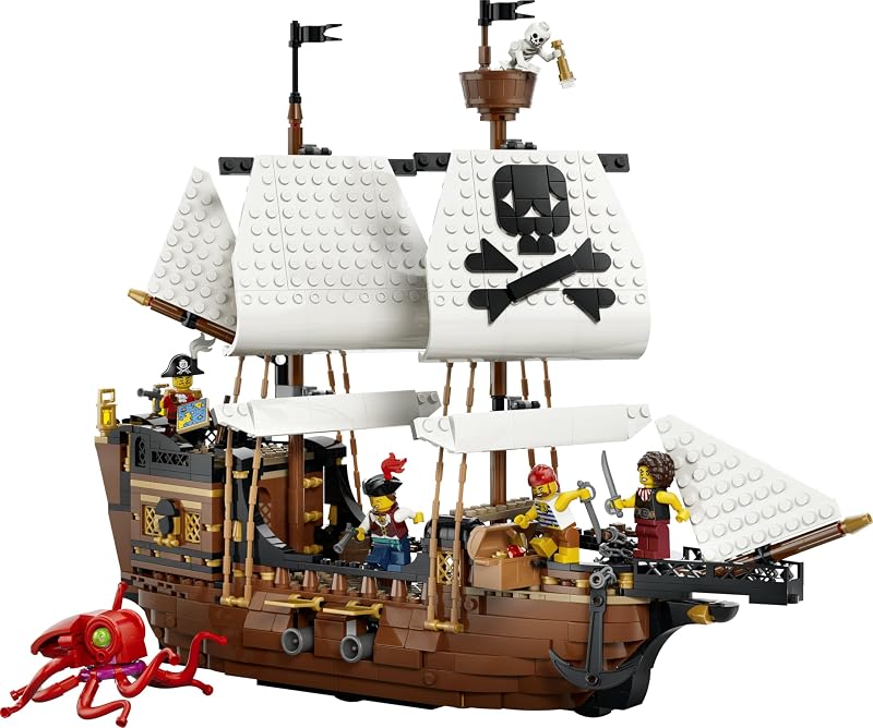 Brinquedo clássico de navio pirata 3 em 1 – modelo de castelo transformável ou 2 navios gémeos – decoração de quarto – presente de aniversário para rapazes e raparigas de 9+ anos – 31387