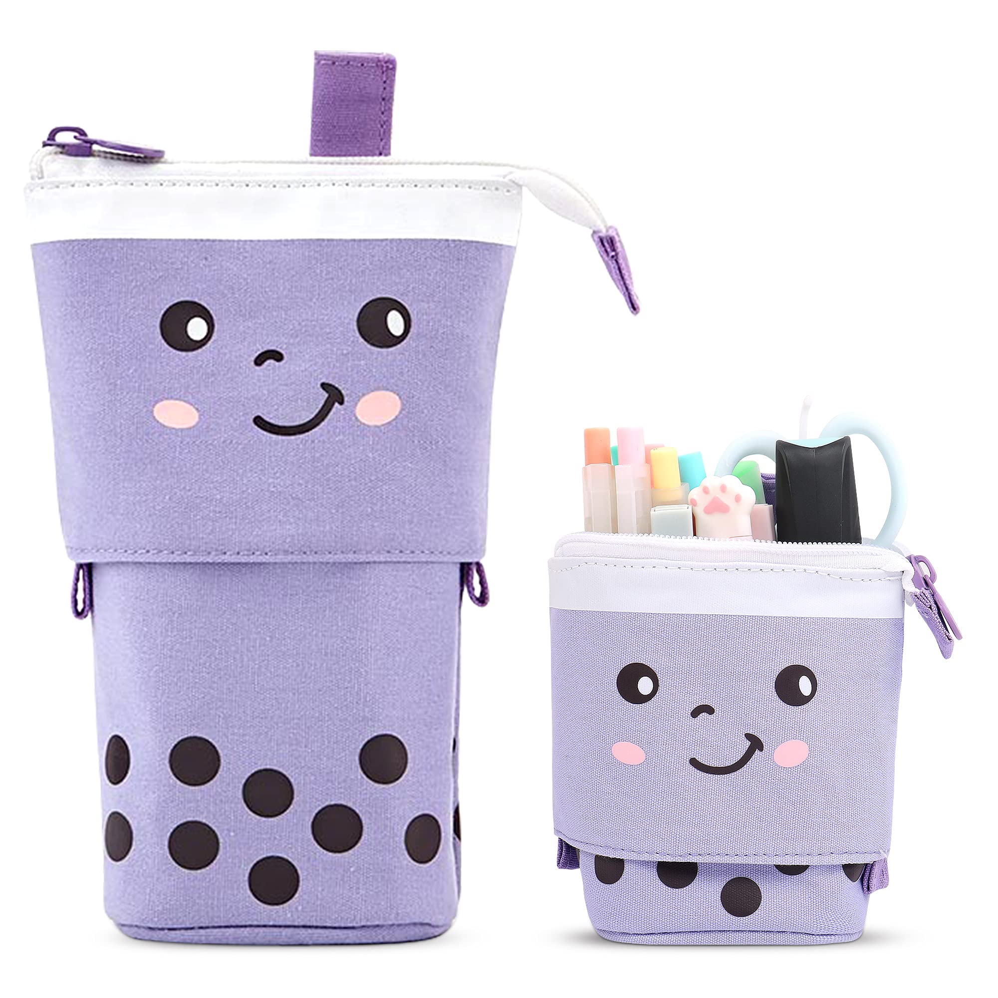 MAMUNU Stand Pencil Case Cartoon Cute Telescopic Pencil Pouch Pen Holder Kawaii Canvas Pencil Holder Cosmetics Makeup Bag for School Students Office Women Girls Boys Teenage Adult (Purple)