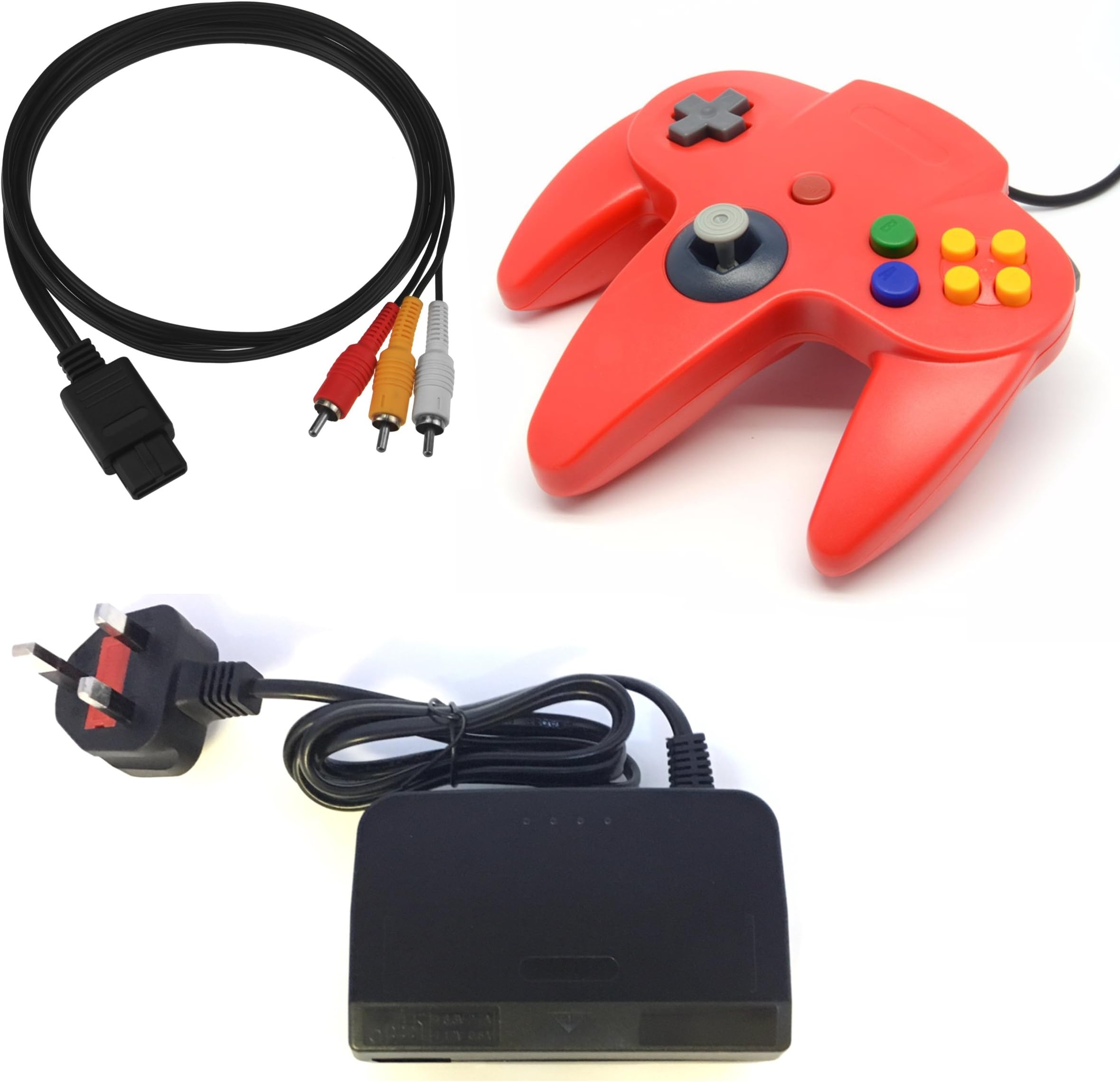 3rd Party Replacement Nintendo 64 Accessory Bundle, Power/AV & Red N64 Controller