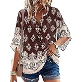 LOMON Womens Bohemian Peasant Blouses 3/4 Sleeve V Neck Casual Loose Fit Tunic Tops Wine Red XL