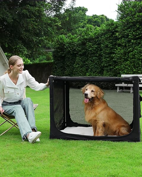 VERASTE 42″ L X 31″ W X 31″ H COLLAPSIBLE TRAVEL DOG CRATE, QUICK-SETUP PORTABLE SOFT DOG KENNEL FOR LARGE DOGS UP TO 90 LBS, 4-DOOR FOLDABLE TRAVEL CRATE WITH STORAGE BAG, BLACK