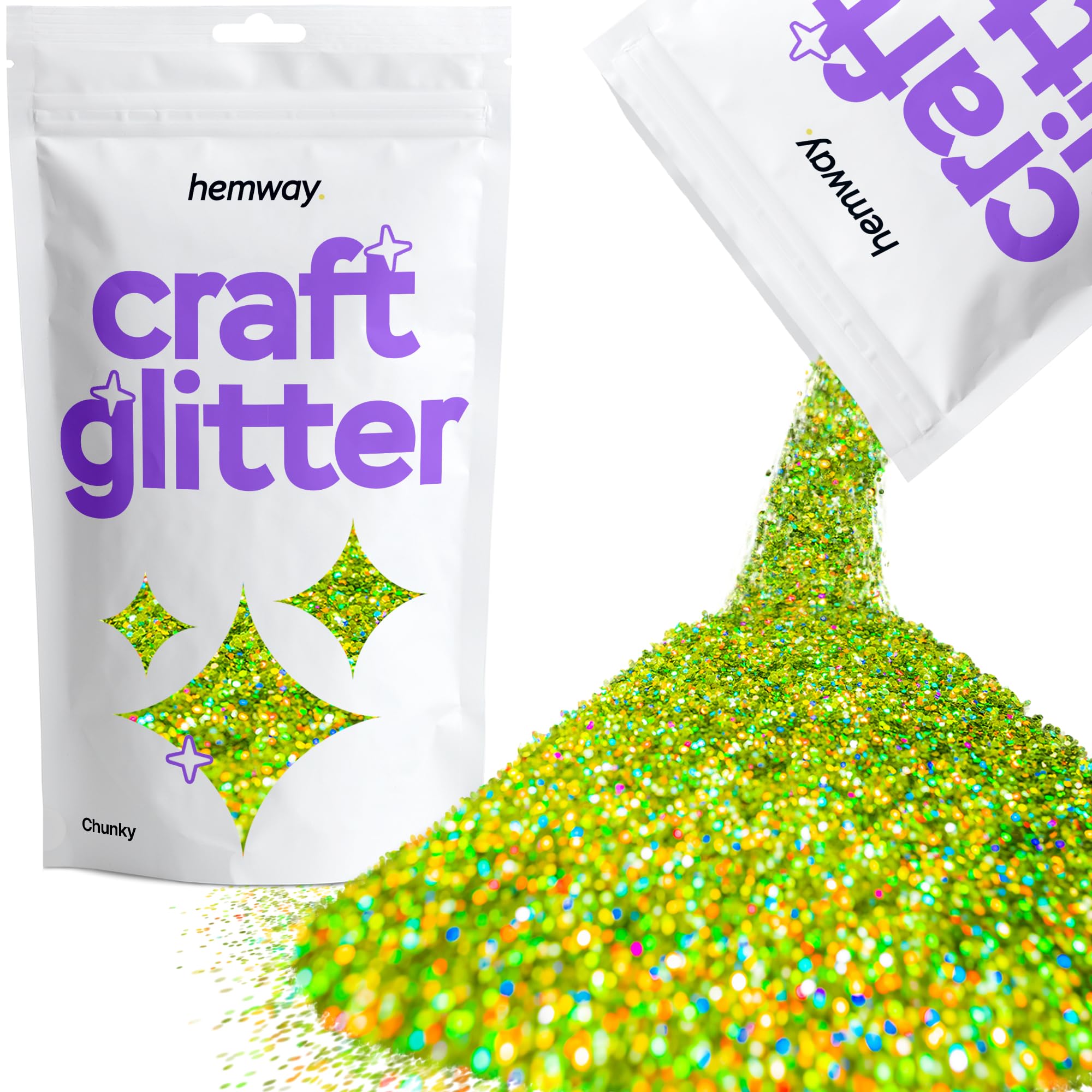 Hemway Craft Glitter Lime Green Holographic 100g Chunky Glitter for Crafts, Resin, Cosmetic, Nail, Face, Body, Festival, Tumblers, Art, Candle, Crafting