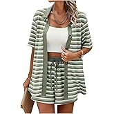 MakeMeChic Women's Fall 2 Piece Outfits Striped Short Sleeve Button Down Shirt and Shorts Matching Set