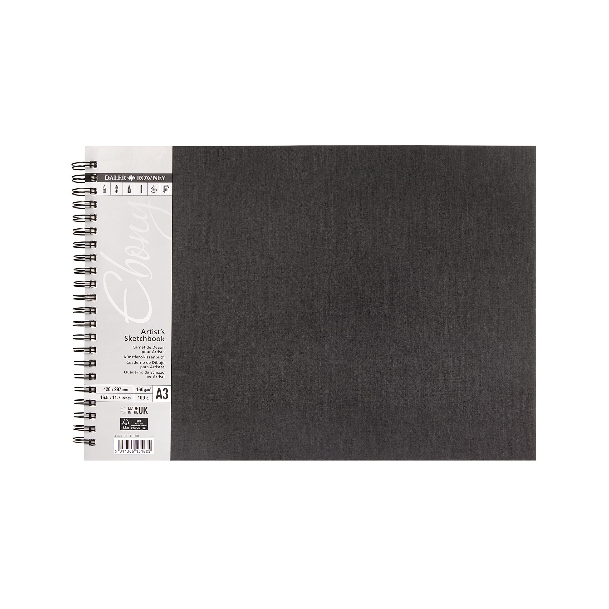 Daler-Rowney Ebony 160gsm A3 Landscape Sketchbook, Smooth, Spiral Bound, 54 Natural White Sheets, For Professional Artists & Students — image 1