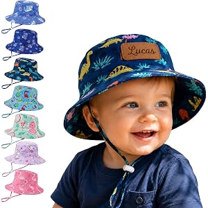 Personalized Baby Bucket Hat, Leather Patch Toddler Sun Hat Boys Girls | UPF50+ wide brim, adjustable chin strap, breathable