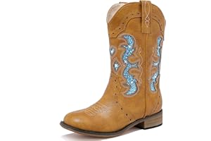 LAURMOSA Kids Cowgirl Boots for Girls Western Square Toe Girls Sparkle Boots Zipper Mid Calf Low Heel Horse Riding for Toddler Little Big Kids