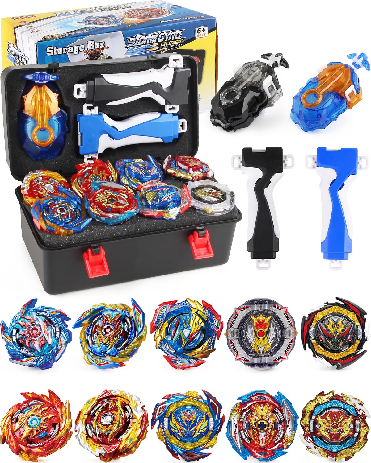 Photo 1 of Bey Battling Burst Gyro Bay Blade Toy Set Portable Box Metal Fusion Attack Top Battle Game 10 Spinning Tops 2 Two-Way Launchers 2 Grips Gyro Toys Set Gifts for 8-12 Kids Children Boys Ages 6+