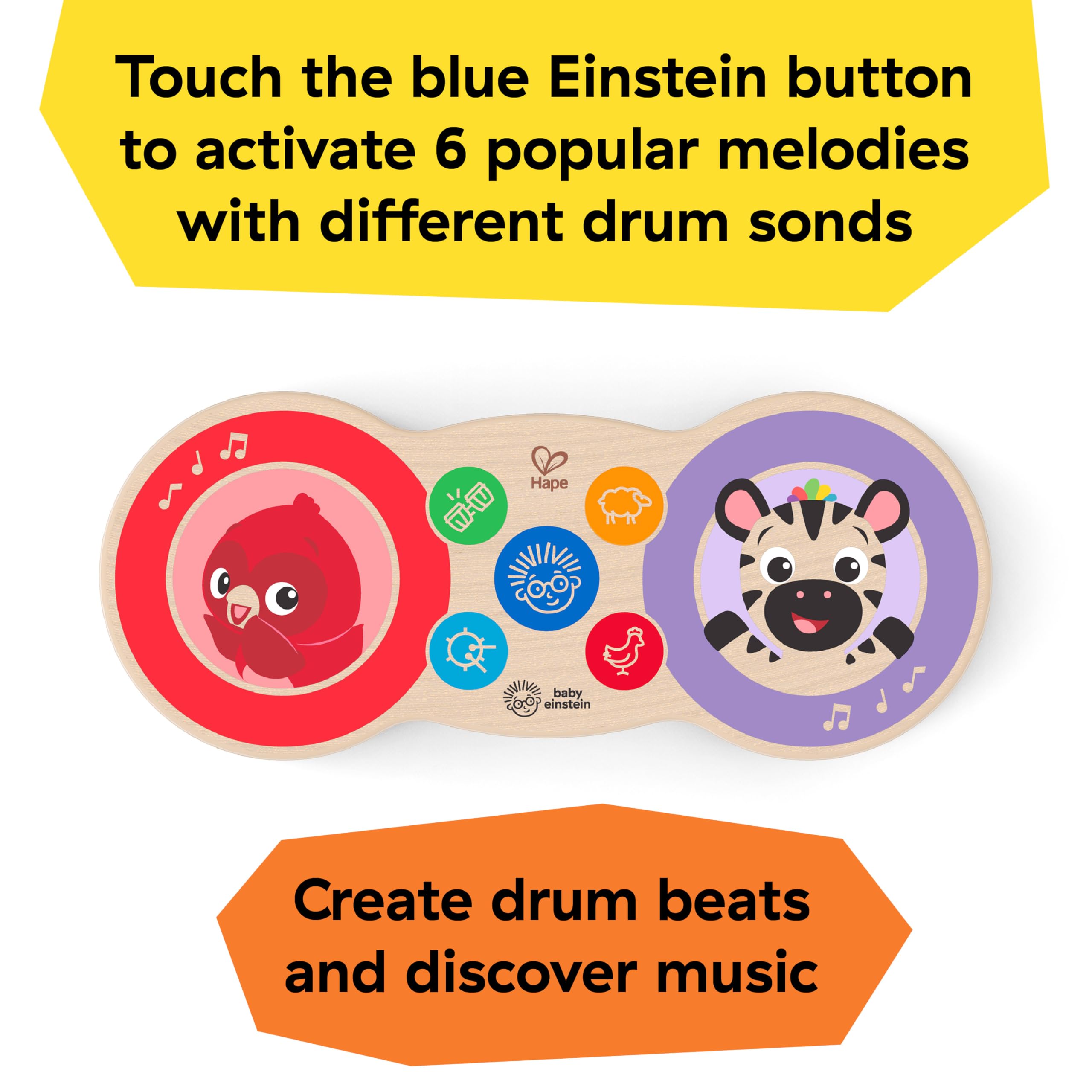 Baby Einstein Upbeat Tunes Magic Touch Wooden Drum​ Musical Toy, Ages 6 Months +