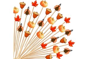 KIGEAPUEL 100pcs Fall Thanksgiving Cocktail Picks Pumpkins Maple Leaves Decorative Toothpicks for Appetizers Autumn 4.7 IN Bamboo Skewers Sticks for Fall Decorations Party Supplies(Turkey)