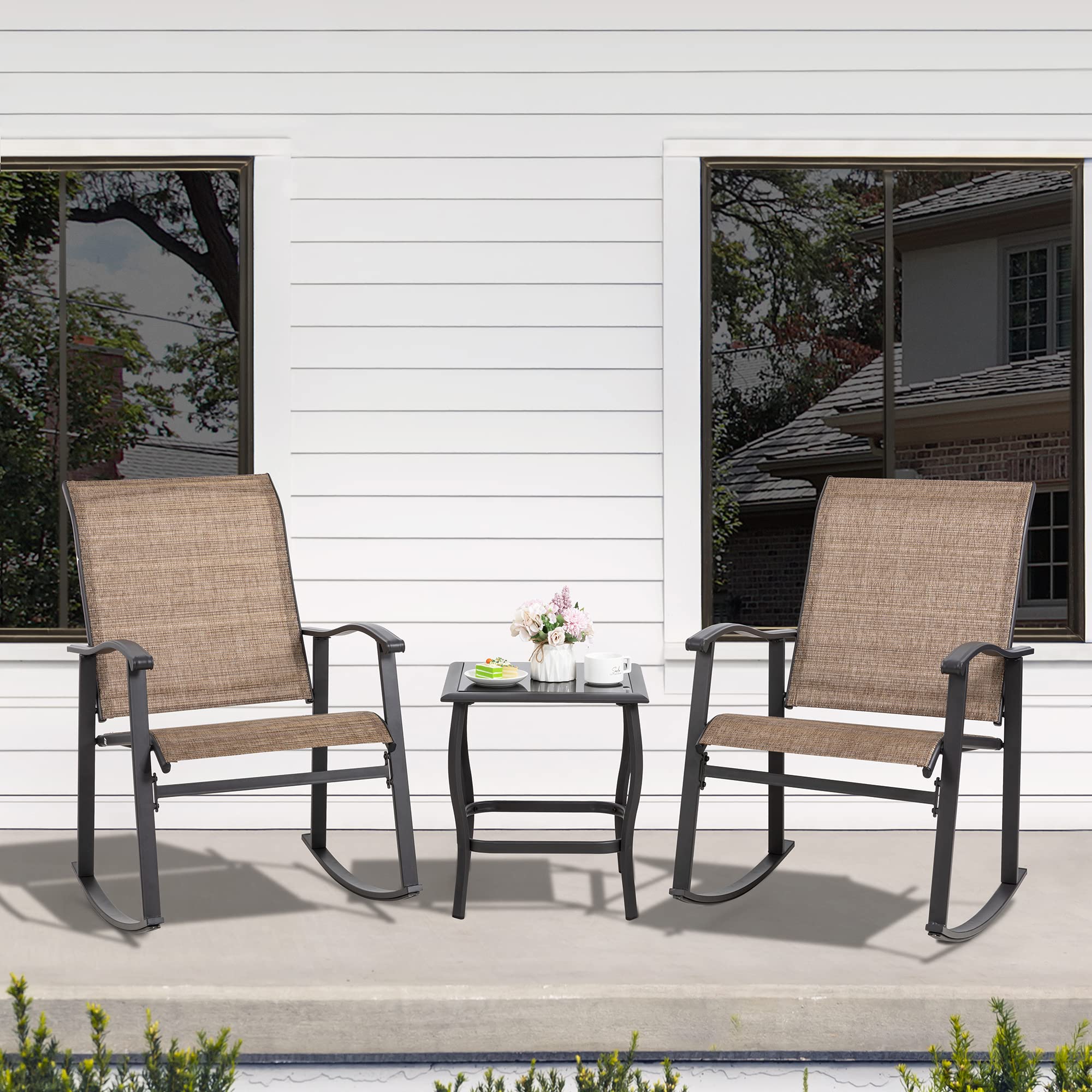 Photo 1 of ** SET TWO BOX* ** Shintenchi 3 Piece Rocking Bistro Set, Outdoor Furniture with Rocker Chairs and Glass Coffee Table Set of 3, Balcony, Porch Furniture for Small Space, Brown