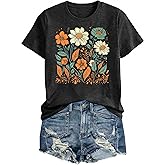 Graphic Tees for Women Casual Short Sleeve Round Neck Vintage Boho Style Floral T Shirts Wildflowers Cottagecore Tshirt Tops