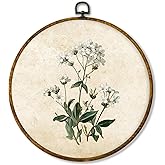 shiviody Vintage Floral Canvas Wall Art Decor, Neutral Botanical Green Flower Decor, Retro French Country Round Hanging Frame