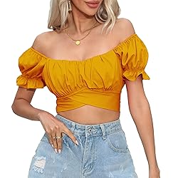 COOUFE Women's Crop Tops Ruffle Short Sleeve Tie