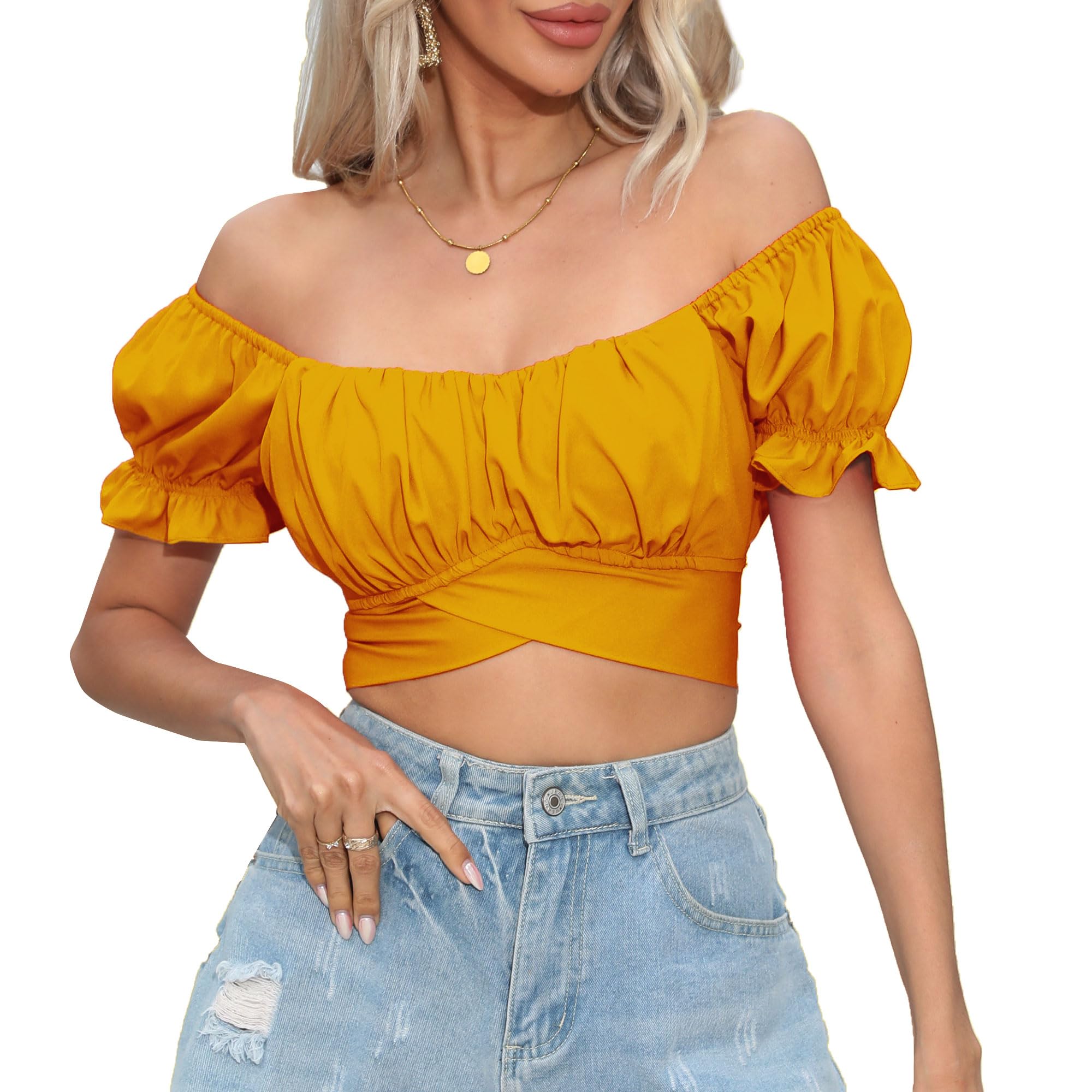 COOUFE Women's Crop Tops Ruffle Short Sleeve Tie