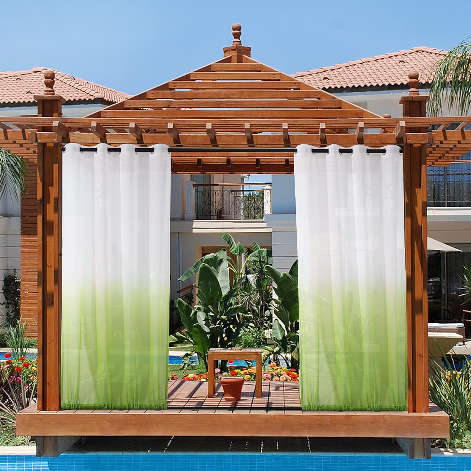 Outdoor Curtains - Anjee Ombre Sheer Outdoor Curtains Waterproof for Patio Grommet Top Rod Pocket Bottom Semi Sheer Privacy Drapes with 2 Tiebacks for Gazebo, Porch, Sliding Door, 2 Panels 54 Wide x84 Length, Green