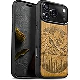 Carveit Magnetic Wooden Case for iPhone 17 Pro Max Case, Wood Artisan Engraved & Black Soft TPU Shockproof Cover, Compatible with MagSafe Wireless Chargers (Alpine Lakes) Cherry