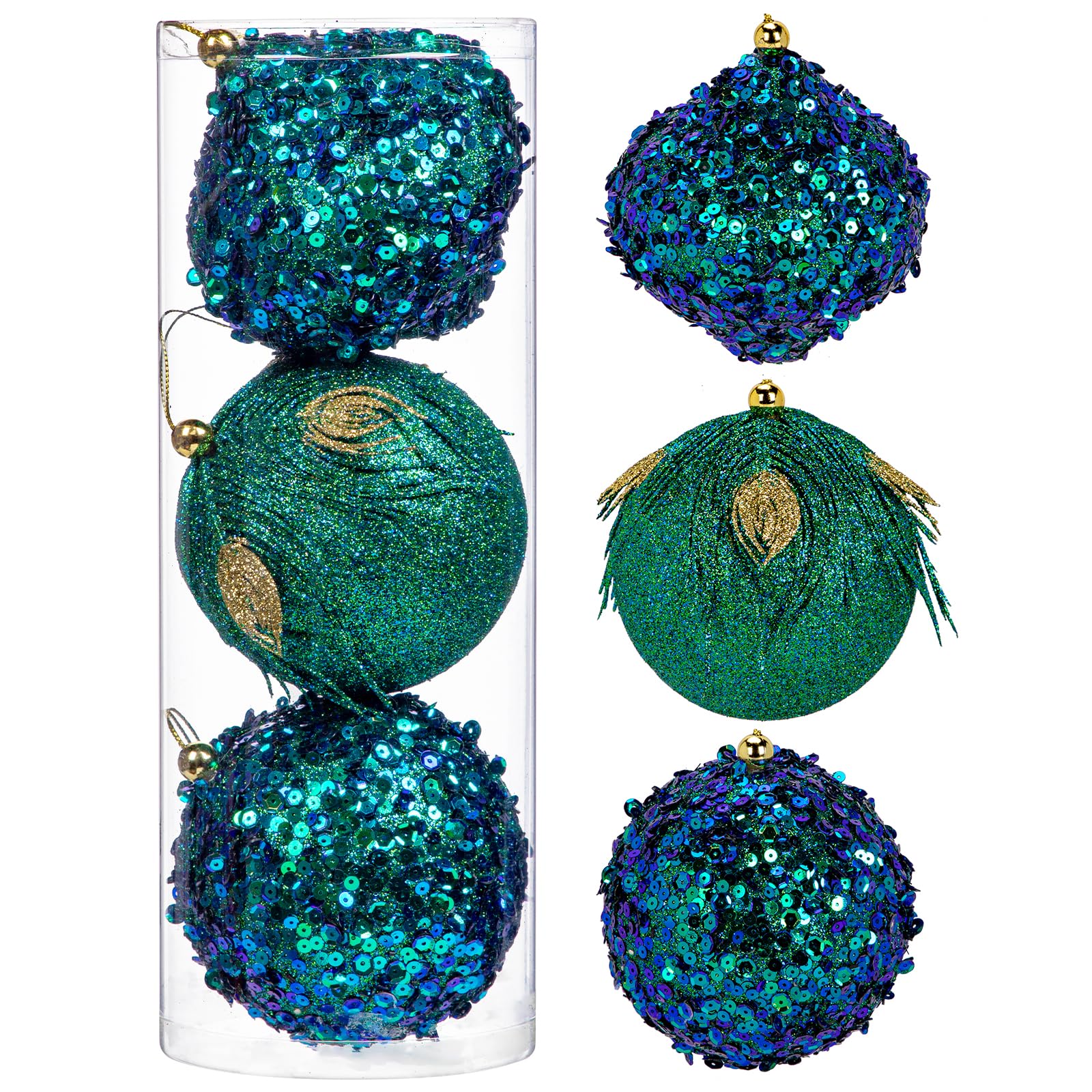 Oairse 10cm Large Christmas Baubles 3 Pcs Peacock Blue Bauble Ornaments for Glitter Christmas Tree Ornaments Garland Holidays Decor, Unique Designs Featuring Feather, Glitter, and Sequin