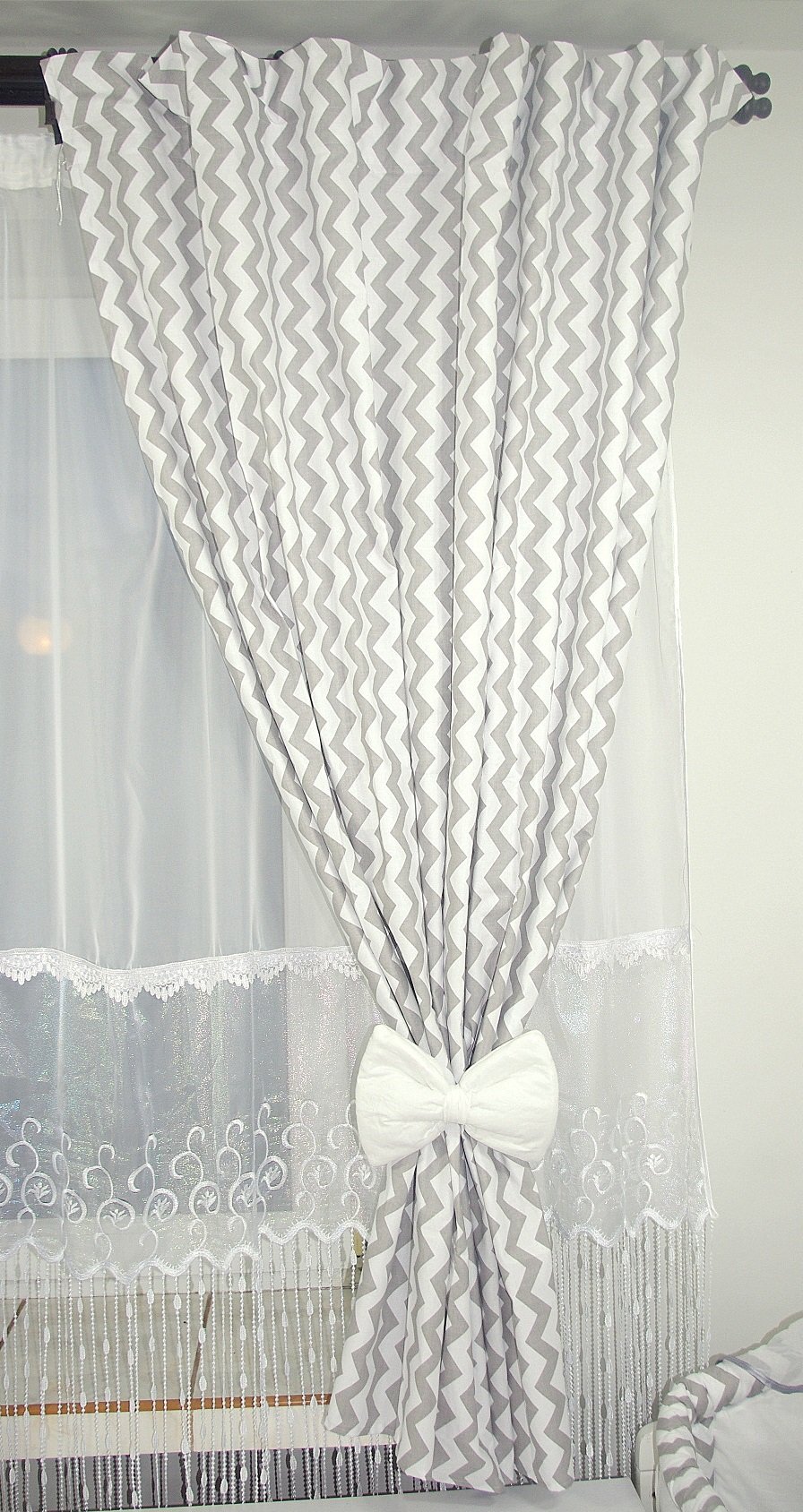 Baby's Comfort NURSERY BABY CURTAINS WITH TIE BACKS (12 NEWEST DESIGNS) (5 - Grey chevron)