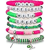 laffact Magic Witch Musical Bracelet - 7Pcs Pink Goes Good with Green Clay Beaded Stretch Bracelet Witch Hat Magic Wand Pink Green Friendship Chains Jewelry Gifts for Women Fans Decoration