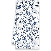 Xmsaitar Dog Pug Chinoiserie Kitchen Towels, Blue and White Floral Cute Hand Bathroom Towels Gifts for Pug Lovers, Porcelain Rustic Cottagecore Decorative Tea Dish Towel Decor for Dining Room 16x24in
