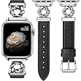 Wearlizer Leather Band Compatible with Apple Watch Bands Women 38/40/41/42/44/45/46/49mm, Dressy Fancy Camellia Flowers Buckle Strap for iWatch iWatch Series 11 10 9 8 7 6 5 4 3 SE/Ultra 3 2 1