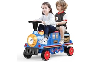 ANPABO 2-Seater Ride On Train Trackless, 12V Kids Car with Height-Adjustable Seat, Extra Storage, Headlight, Train Whistle & Music, Electric Car for Kids 3+ (Carriage Not Included), Blue