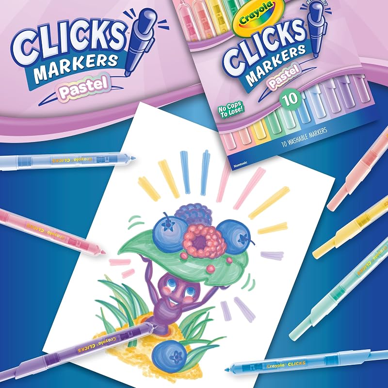 Clicks – 10 Pennarelli Lavabili Retrattili Senza Cappuccio, Colori Pastello Assortiti, Punta Conica 2 in 1, per Scuola Casa e Viaggio, Bambini e Adulti, 58-8378