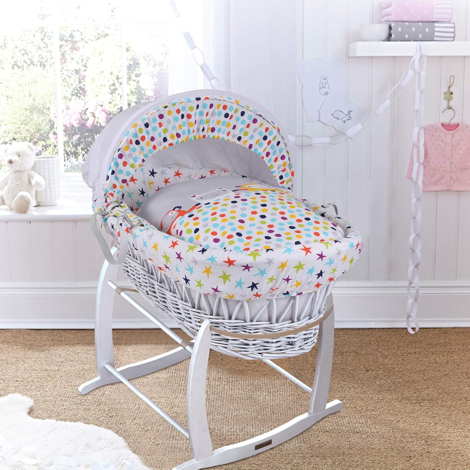 The Dudes Clair De Lune Padded White Wicker Baby Moses Basket & Deluxe