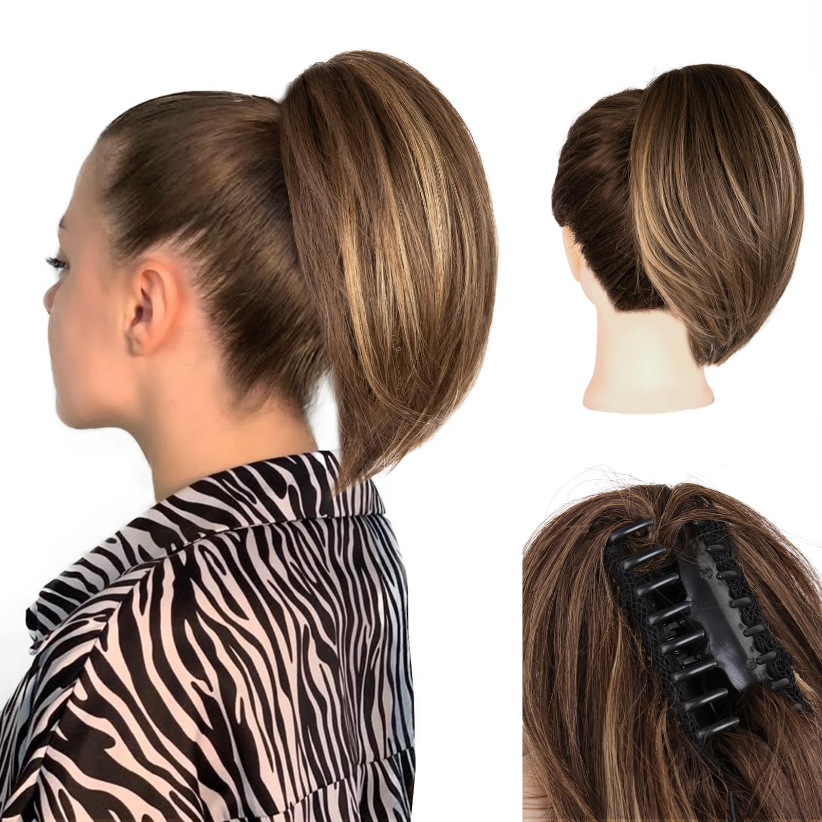 Photo 1 of 10 Inch Ponytail Extension - Straight Pony Tails Hair Extensions, Claw Clip Ponytail Extension, Synthetic Hair Extensions Ponytail, Clip in Ponytail (Color: Chestnut Brown With Golden Highlights)