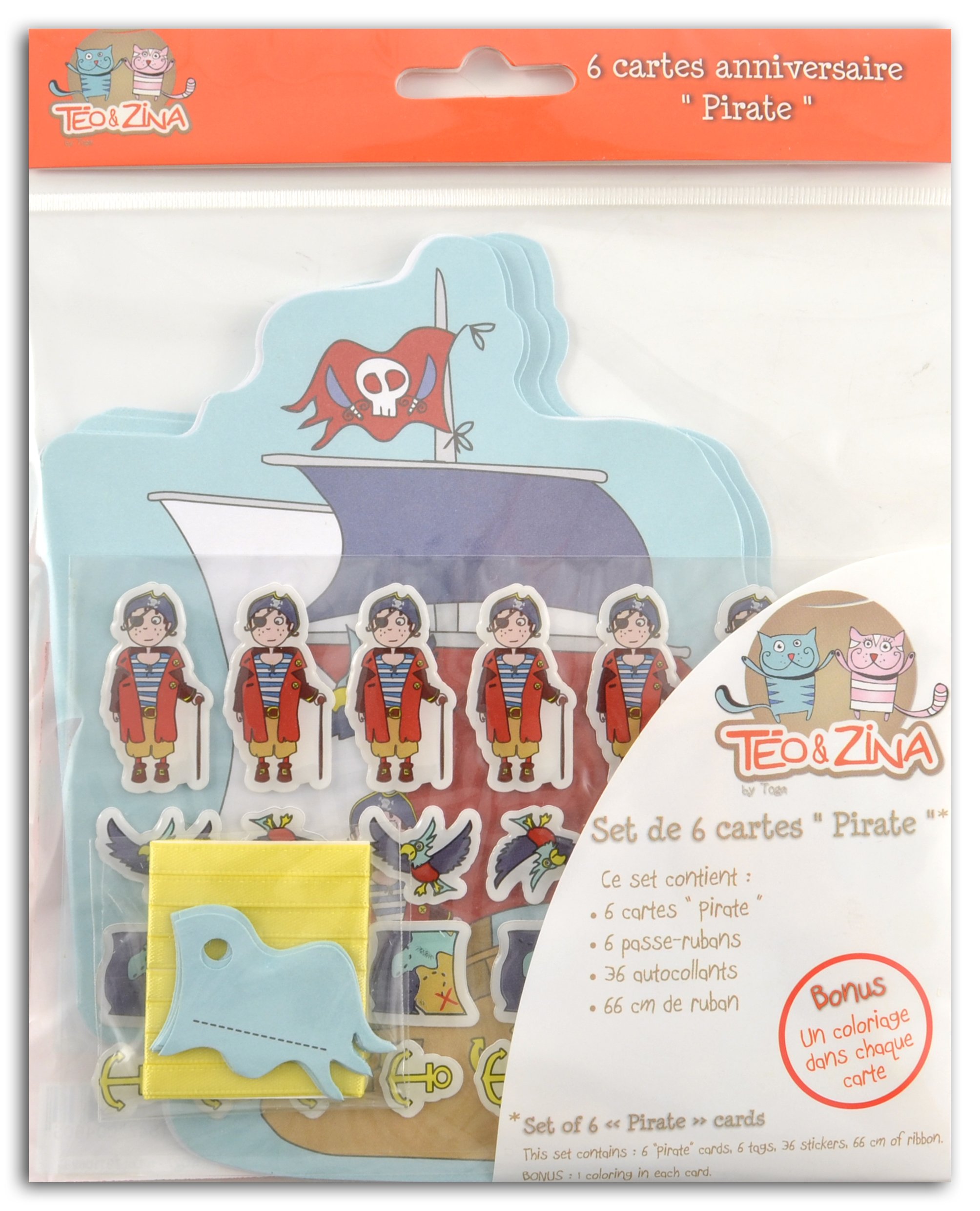 Toga Téo et Zina KC27 Set of 6 Pirate Invitations Birthday Multi-coloured Paper 15 x 15 x 0.1 cm