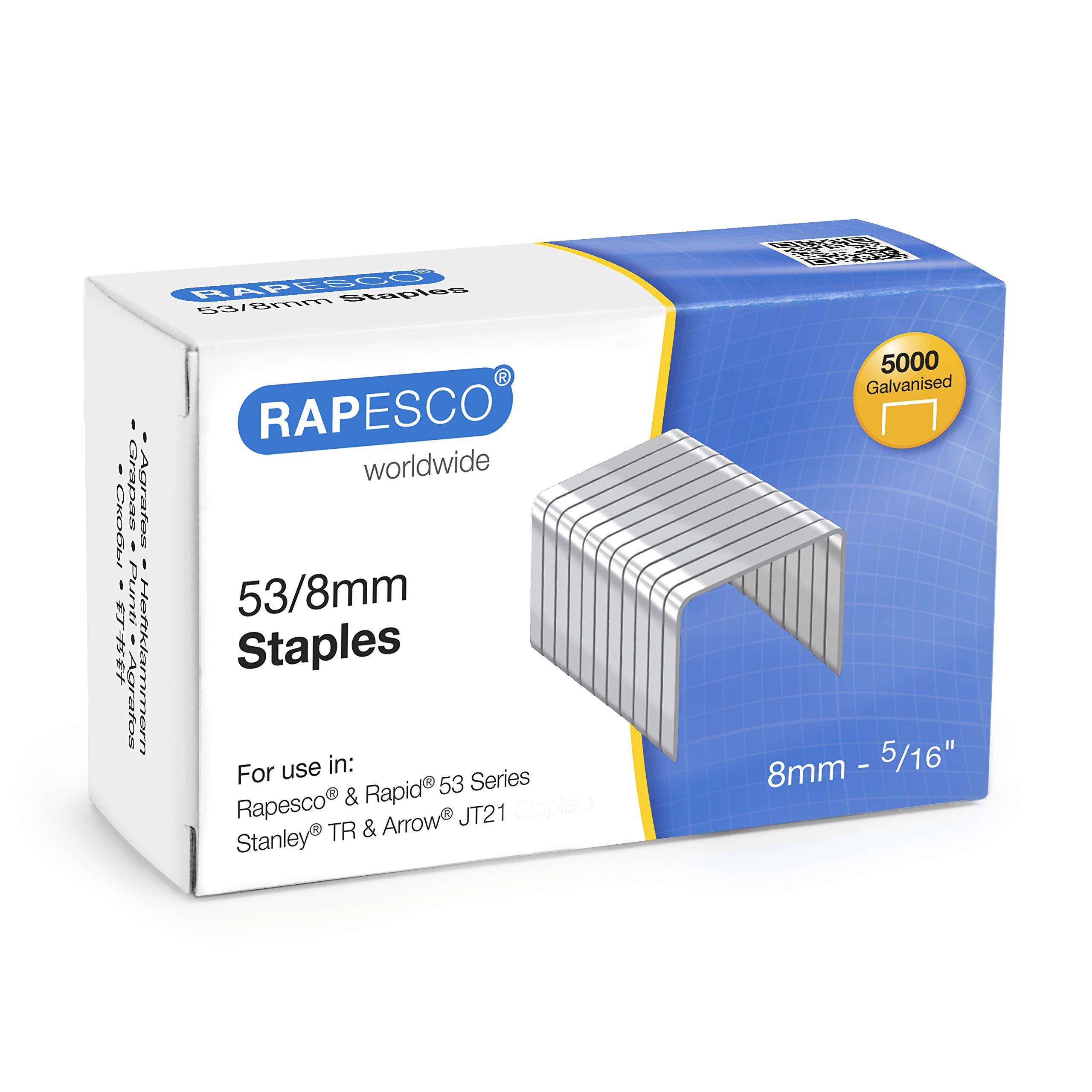 Rapesco 0750 Type 53/8 mm Galvanised Tacker Staples, Pack of 5000 — image 1