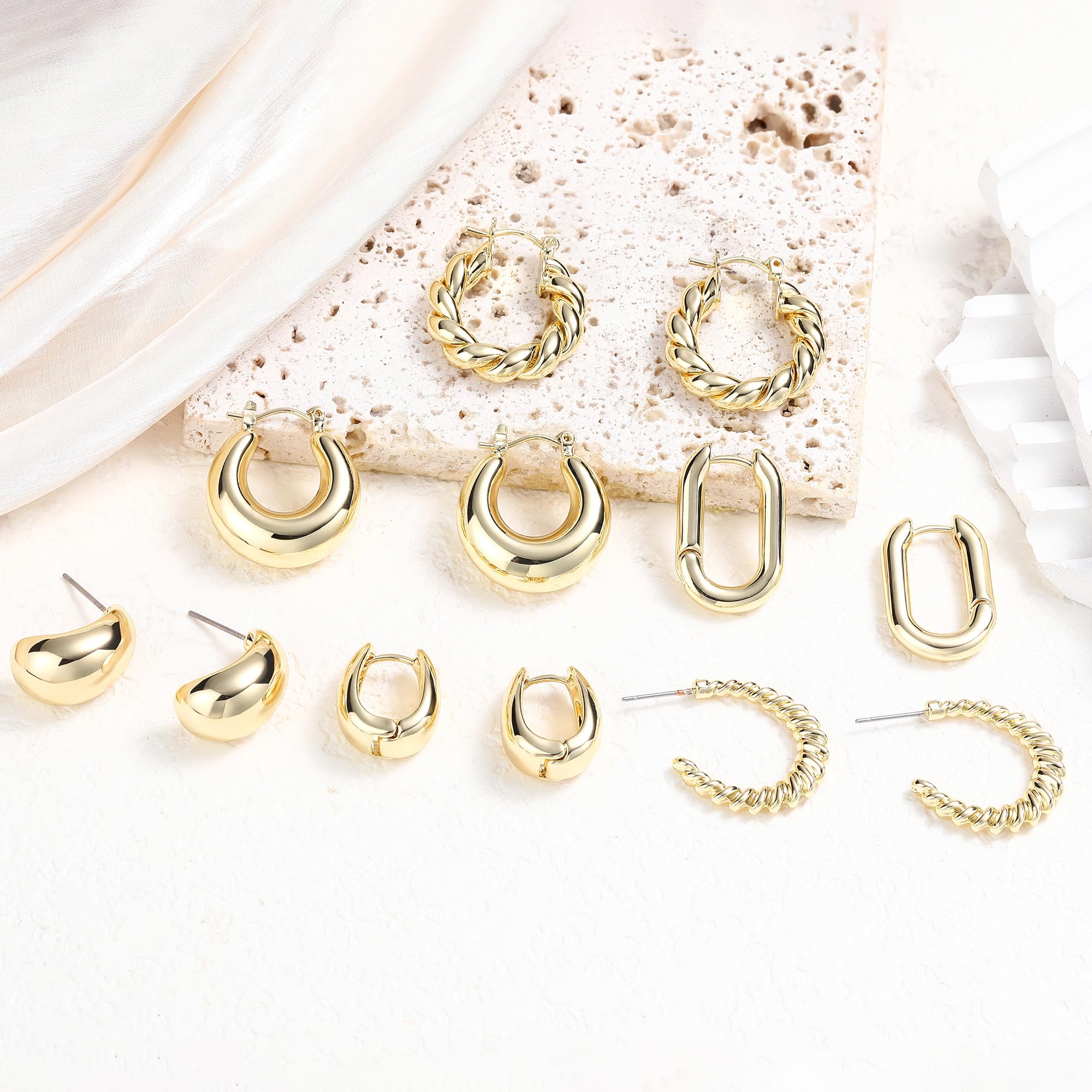 ALLHOLA 6 Pairs 14K Gold Plated Hoop Earrings for Women Lightweight Chunky Hoop Earrings Multipack Hypoallergenic, Thick Open Twisted Huggie Hoops Earring Set Jewelry for Gifts.