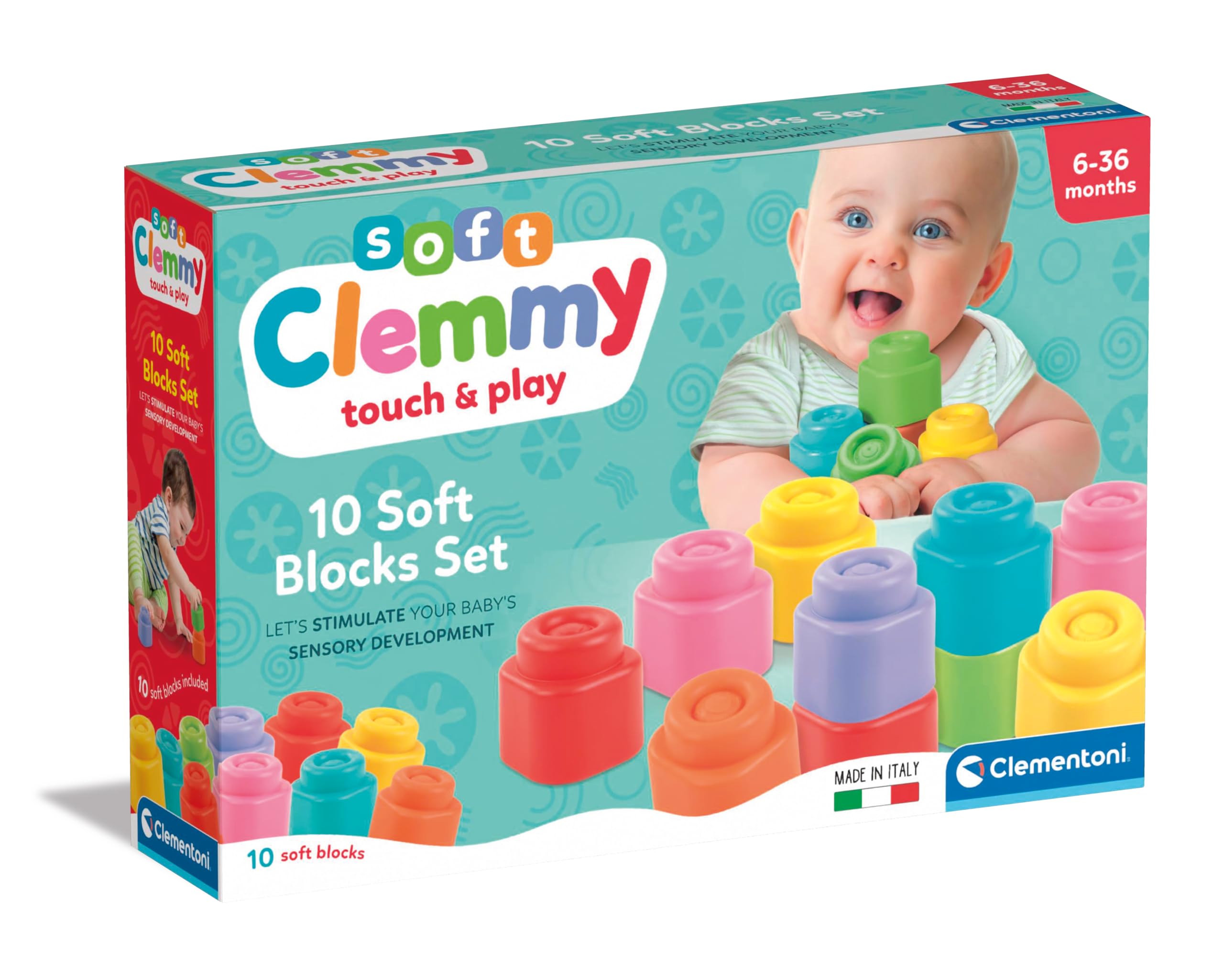 Clementoni Baby Blocks - Clemmy 10 Soft Building Blocks Set - Soft Building Blocks, Clemmy Blocks Kids 6 Months, Bricks Washable, Construction Set, Development & Activity Toy, Made In Italy, 17988