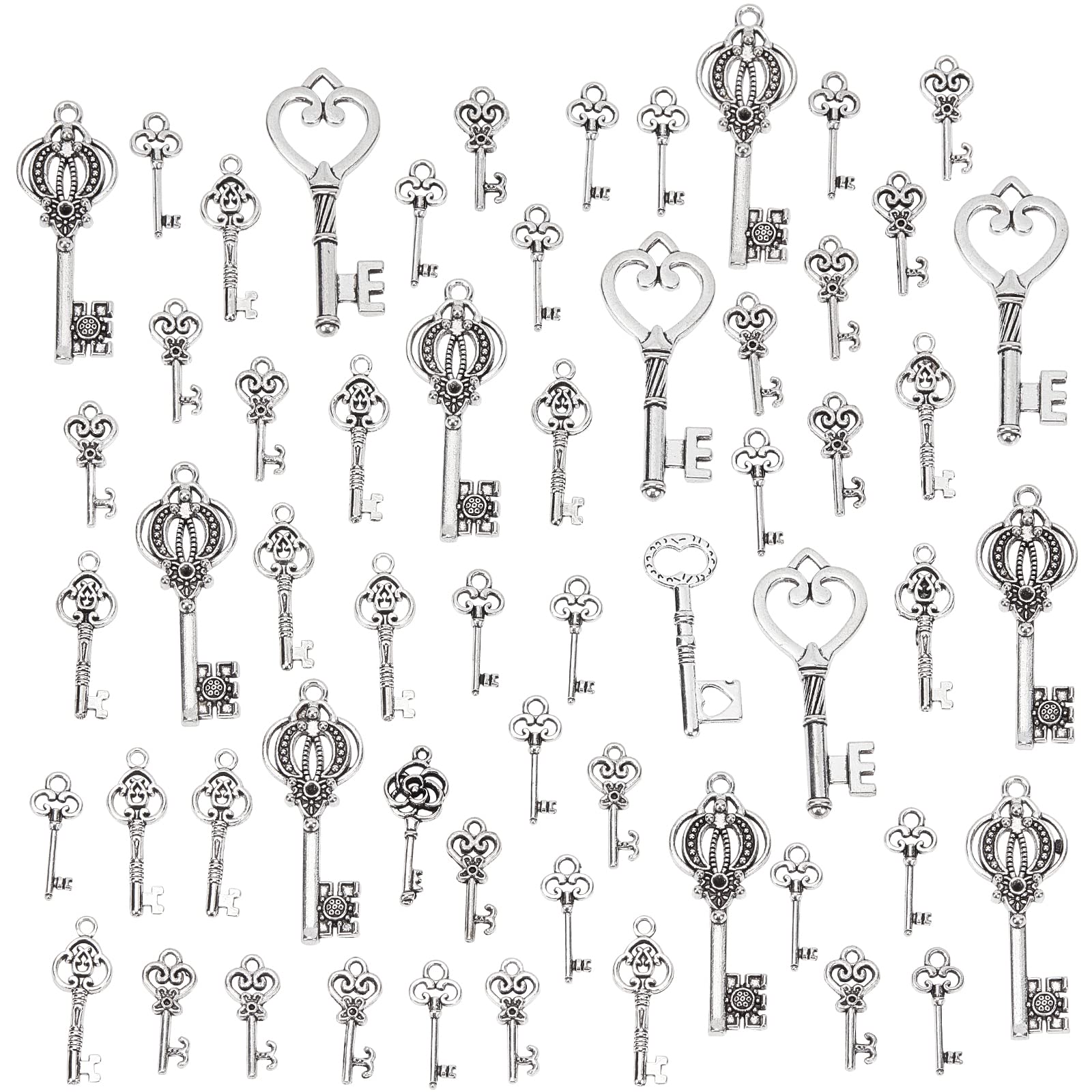 PandaHall 100g Mixed Tibetan Style Alloy Pendants, Key, Antique Silver, 28-46x9-16x1-4.5mm, Hole: 1.5-5mm about 45-55pcs/100g