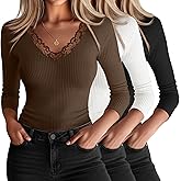 Oakgarden 3 Pack Women's 3/4 Sleeve Lace Tops V Neck Cotton Ribbed Sexy Shirts Slim Fit Going Out Top Y2k Casual T-Shirts