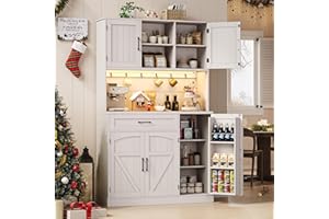 ONBRILL 71" Pantry Cabinet, Kitchen Pantry Storage Cabinet with LED Light & Outlet, Kitchen Hutch with Microwave Shelf & 6 Hooks, Door Shelves & Drawer & Adjustable Shelves, for Dining Room