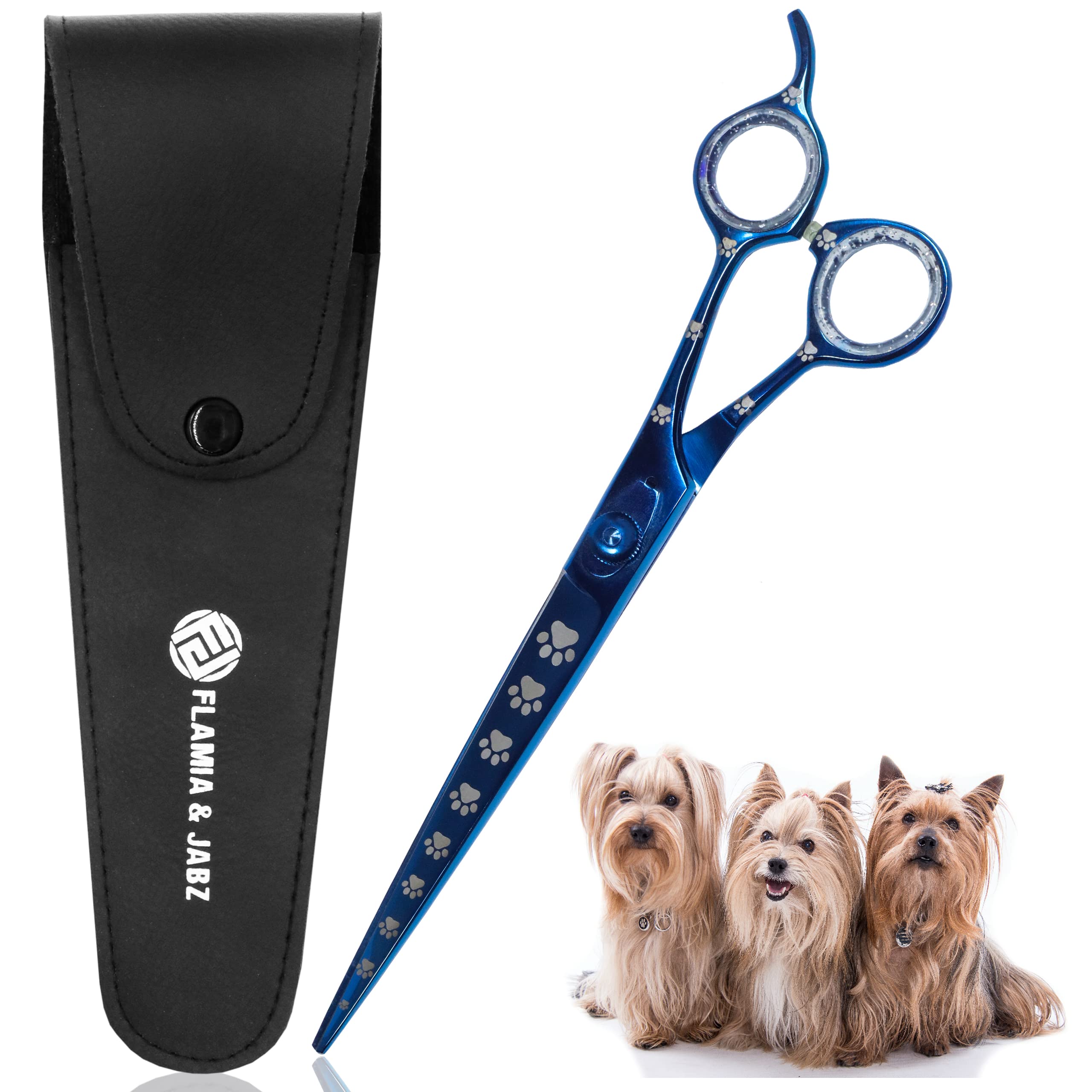 Professional Dog Grooming Scissors/Shears, Straight, with Paw Prints for Dogs, Cats & Pets (Right Handed, Blue, Stainless Steel 8 Inch)