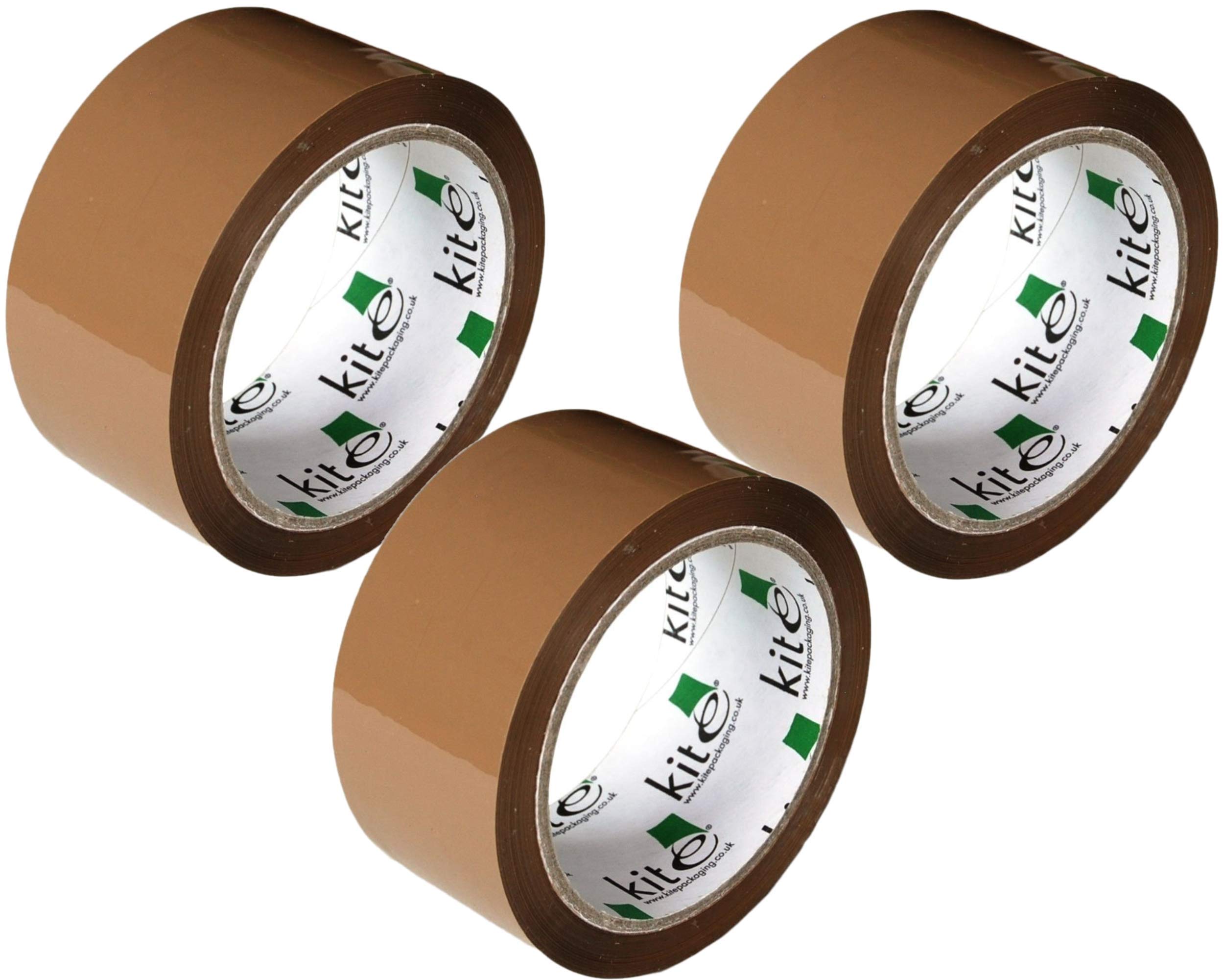 Kite Heavy Duty Strong Brown Packing Tape 48mm x 66m - Strong Brown Tape Rolls for Parcel Boxes Moving House (Pack of 3 Tape Rolls)