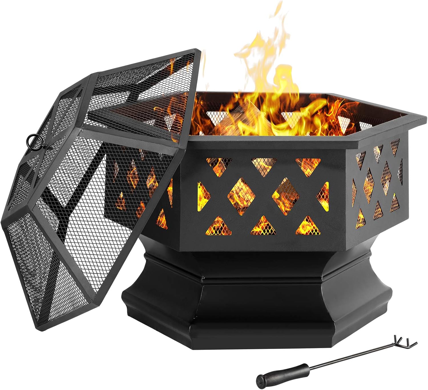 Amagabeli Fire Pit Outdoor Wood Burning Firepit Firebowl Fireplace Poker Spark Screen Retardant Mesh Lid Extra Deep Large Square Outside Backyard Deck Heavy Duty Metal Grate Rustproof Black : Garden & Outdoor