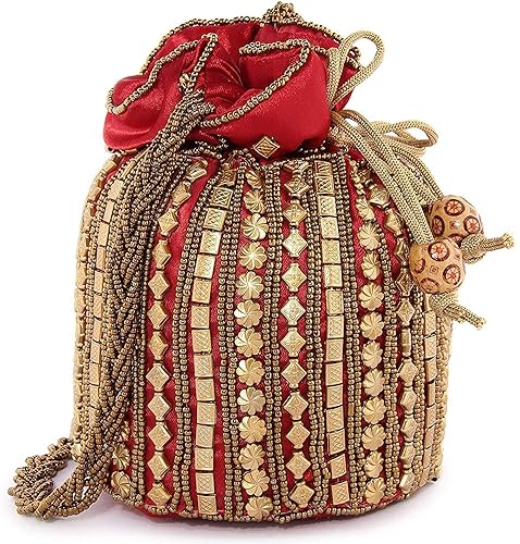 Women's Silk Swag Ethnic Embroidery Work Handmade Potli Bags (Red/Gold)