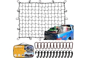 GSPSCN Cargo Net 5' x 7' for Truck Pickup Bed, Trailer,Boat,RV SUV Stretches to 15'x21' Max Heavy Duty Roof Rack Net,Small 5”x5” Mesh Netting w/24 Clip Carabiners Car Organizer Net for Large Loads