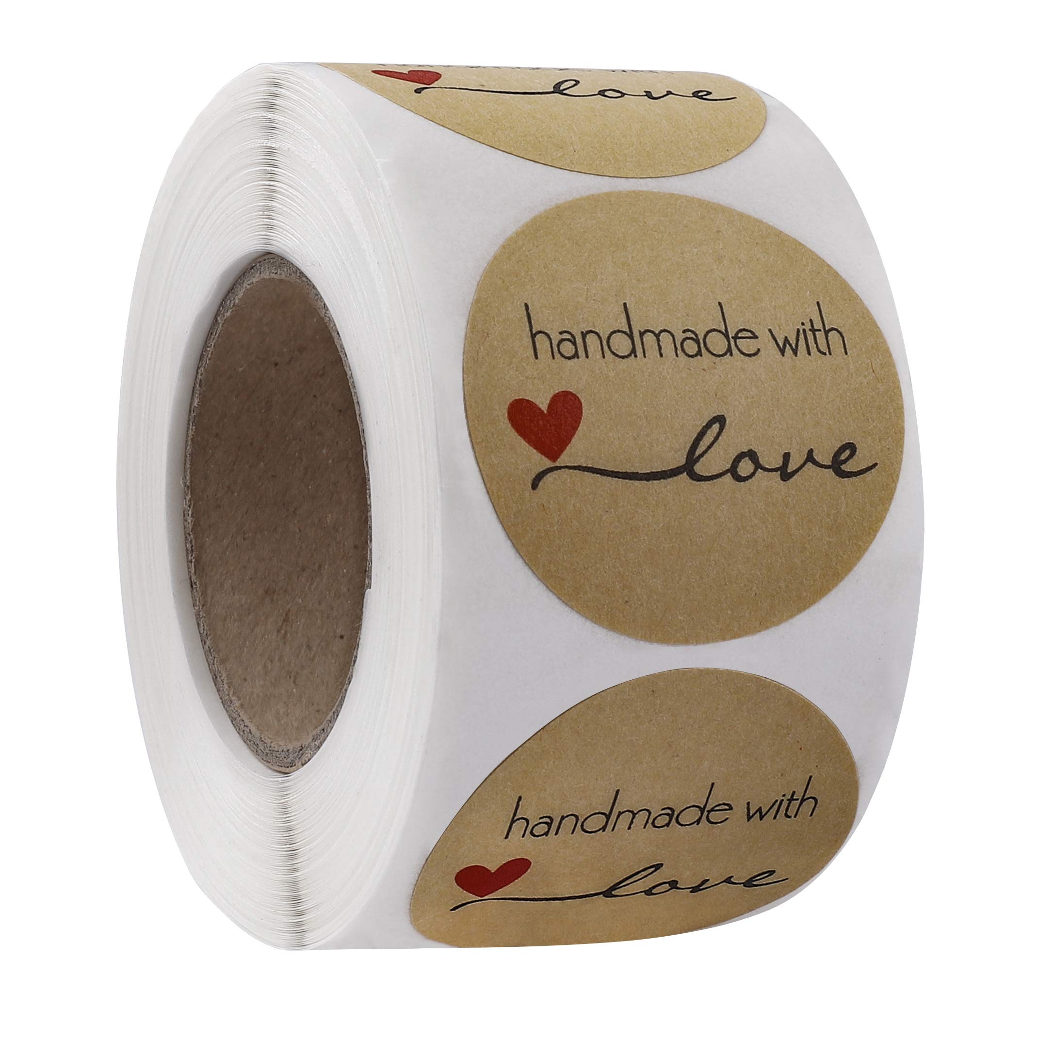Kraft Handmade with Love Stickers - Round DIY Baking Stickers, 1.5 Inch Self-Adhesive Labels Roll, Decor Tags for Bags or Gifts, 1 Roll 500Pcs