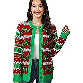 JATEBI Ugly Christmas Cardigan for Women Crew Neck Long Sleeve Sweaters with Christmas Tinsel Garland Pom Poms Bows
