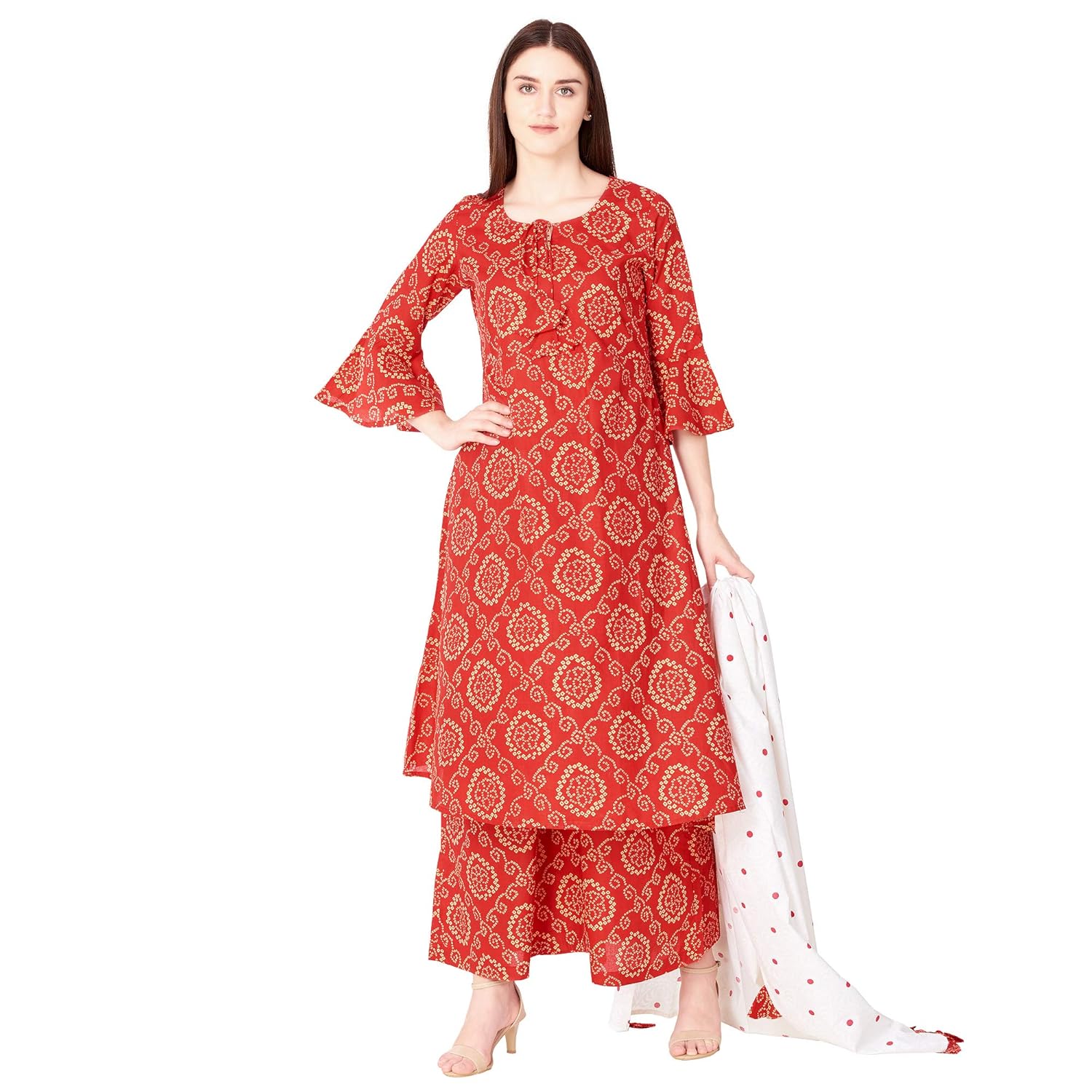 ortange readymade women's cotton kurta, palazzo with printed dupatta set