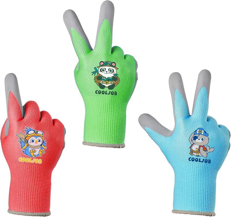 COOLJOB Kids Garden Gloves 3 Pairs Non-Slip Latex Coating 4-6 Years