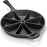 WUWEOT Cast Iron Wedge Pan, Round Corn Bread Skillet, 8-edges Biscuit Pan Mini Cake Pan with Long Handle for Scones, Corn Stick, Muffins, Cupcakes and Brownies