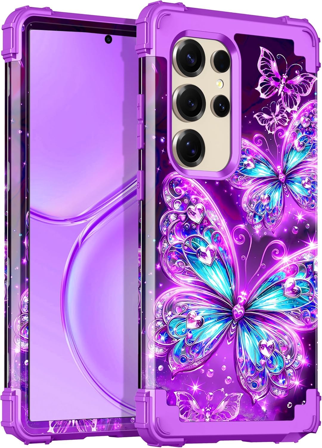 Miqala for Galaxy S25 Ultra 5G Case,Glow in The Dark Three Layer Heavy Duty Shockproof Full Protection Hard Plastic Bumper+Soft Silicone Protective Case for Samsung Galaxy S25 Ultra,Deep Purple