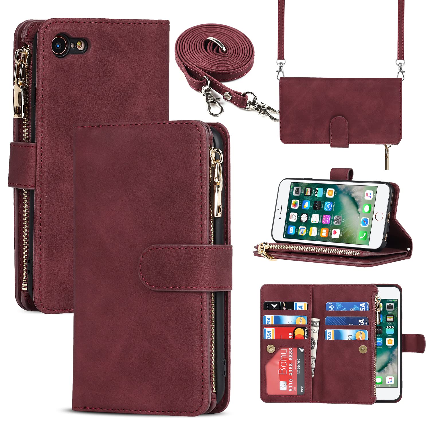 SailorTech Leather Case Crossbody Case for iPhone 7/8/SE 2020/SE 2022 Flip Folio Cover with Card Slots Magnetic Buckle Zipper Wallet Case with Adjustable Necklace Strap Lanyard Cases Wine Red