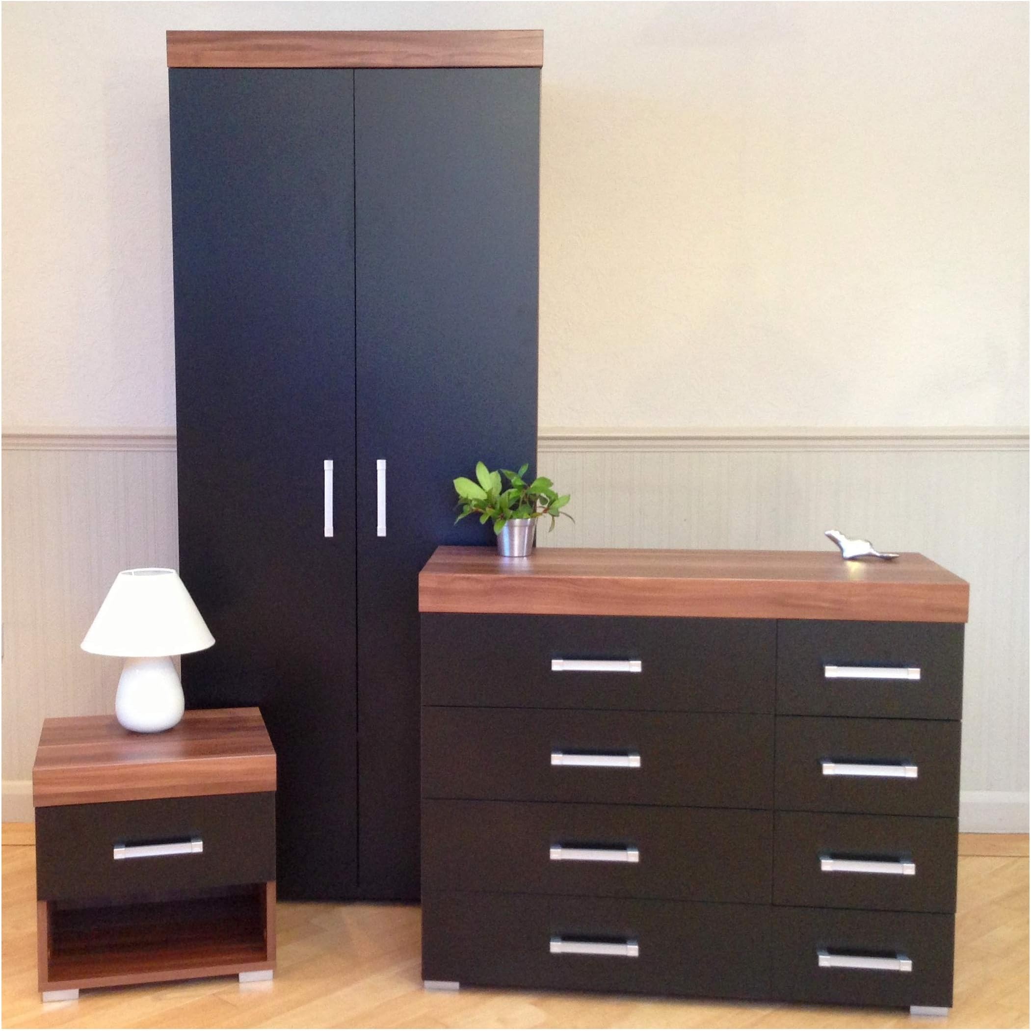 DRP Trading 3 Piece Black & Walnut Bedroom Furniture Set! Wardrobe, 4+4 Drawer Chest, 1 Draw Bedside Table! 8