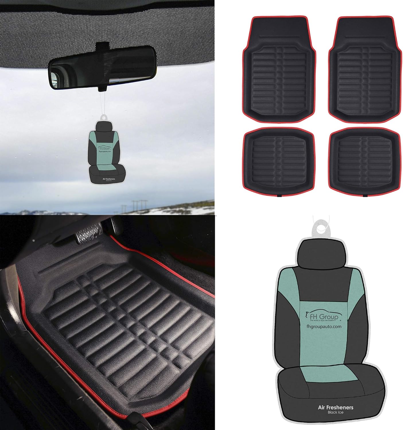 FH Group F14409 PU Leather Liners Deep Tray Car Floor Mats (Black with Red Trim) Full Set with Gift - Universal Fit for Cars Trucks & SUVs